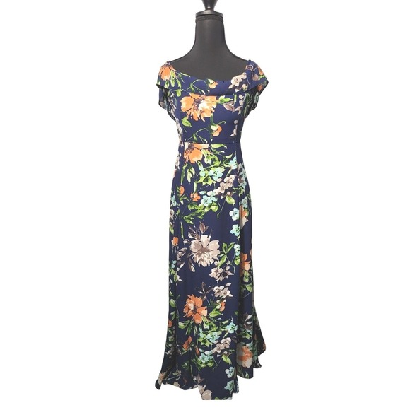 Chocolate Dresses & Skirts - Chocolate Floral Maxi Dress  Blue Orange Flowers Ruffle Neckline Party Size S